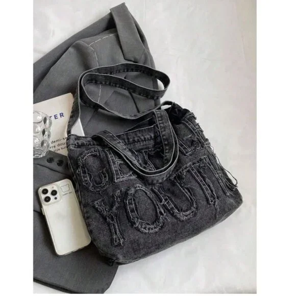 Shein Raw Edge Letter Denim Tote‎ Bag in Black - Picture 6 of 6